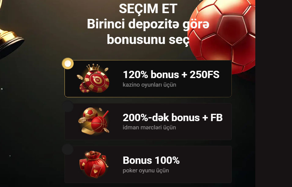 Kazino, idman və poker üçün üç seçimli bonus seçim ekranı göstərilir