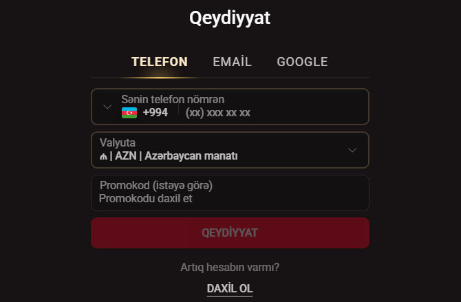 Telefon, e-poçt və Google tabları olan qeydiyyat forması, AZN valyutası seçilib