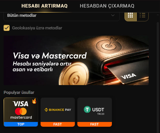 Depozit bölməsində Visa/Mastercard TOP, Binance Pay və USDT TRC20 FAST etiketləri ilə göstərilir